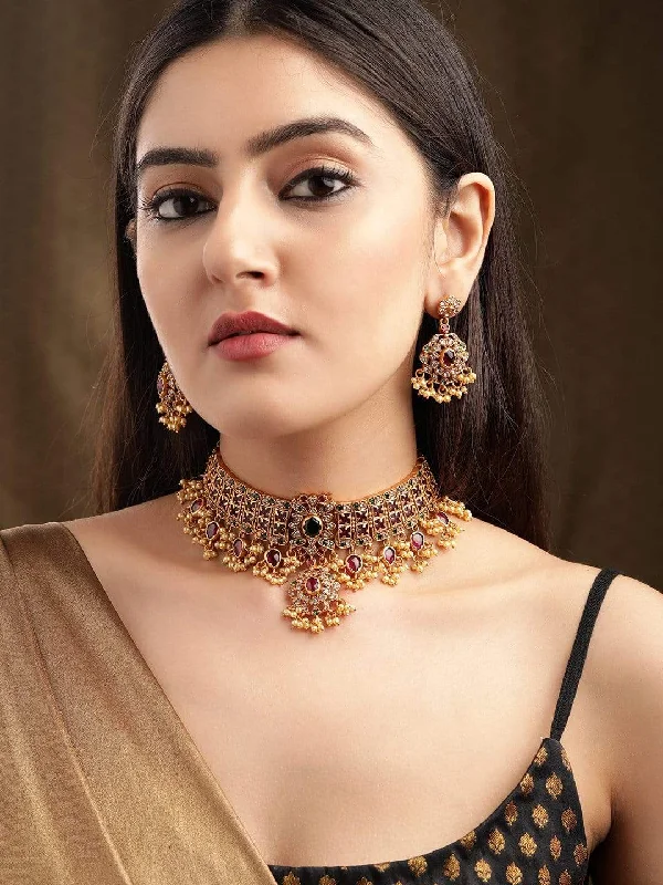 The Perfect Jewelry Piece At The Perfect Discount Rubans Luxury 24K Gold Plated Handcrafted Ruby stone & Gold Pearls Studded Choker Set The Perfect Jewelry Piece At The Perfect Discount Rubans Luxury 24K Gold Plated Handcrafted Ruby stone & Gold Pearls Studded Choker Set
