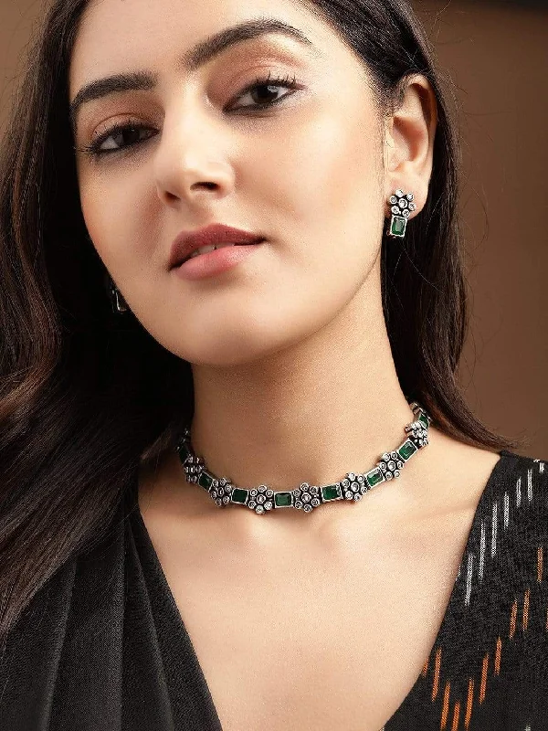 Luxury Jewelry Without The Luxury Price Tag Rubans Oxidised Silver Plated Handcrafted Green Stone Floral Necklace Set Luxury Jewelry Without The Luxury Price Tag Rubans Oxidised Silver Plated Handcrafted Green Stone Floral Necklace Set