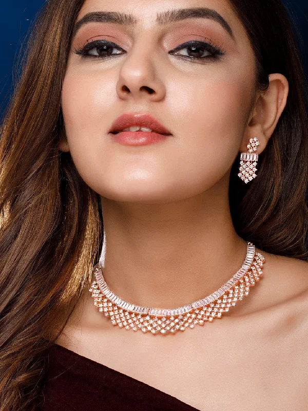 Get The Jewelry You Love At A Price You Love Rubans Rose Gold Plated Handcrafted AD Studded Necklace Set Get The Jewelry You Love At A Price You Love Rubans Rose Gold Plated Handcrafted AD Studded Necklace Set