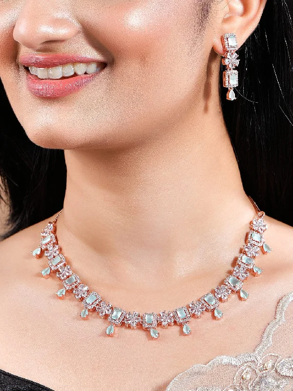 Luxury Jewelry Without The Luxury Price Tag Rubans Rose Gold Plated Mint Green Zirconia Studded Necklace Set Luxury Jewelry Without The Luxury Price Tag Rubans Rose Gold Plated Mint Green Zirconia Studded Necklace Set