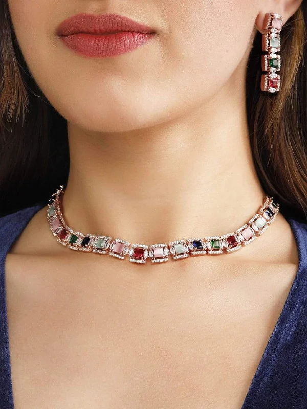 Luxury Meets Affordability – Jewelry Sale Live Now Rubans Rose Gold Plated Multicolour Zirconia Stone Studded Handcrafted Necklace Set. Luxury Meets Affordability – Jewelry Sale Live Now Rubans Rose Gold Plated Multicolour Zirconia Stone Studded Handcrafted Necklace Set.