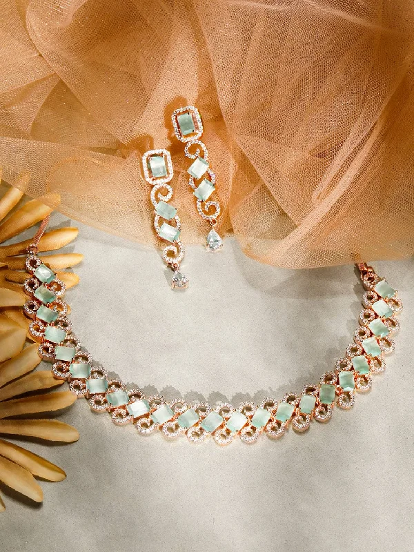 Beautiful Jewelry, Breathtaking Discounts – Hurry In Rubans Rose Gold Plated Pastel Green Studded American Diamond Necklace Set. Beautiful Jewelry, Breathtaking Discounts – Hurry In Rubans Rose Gold Plated Pastel Green Studded American Diamond Necklace Set.