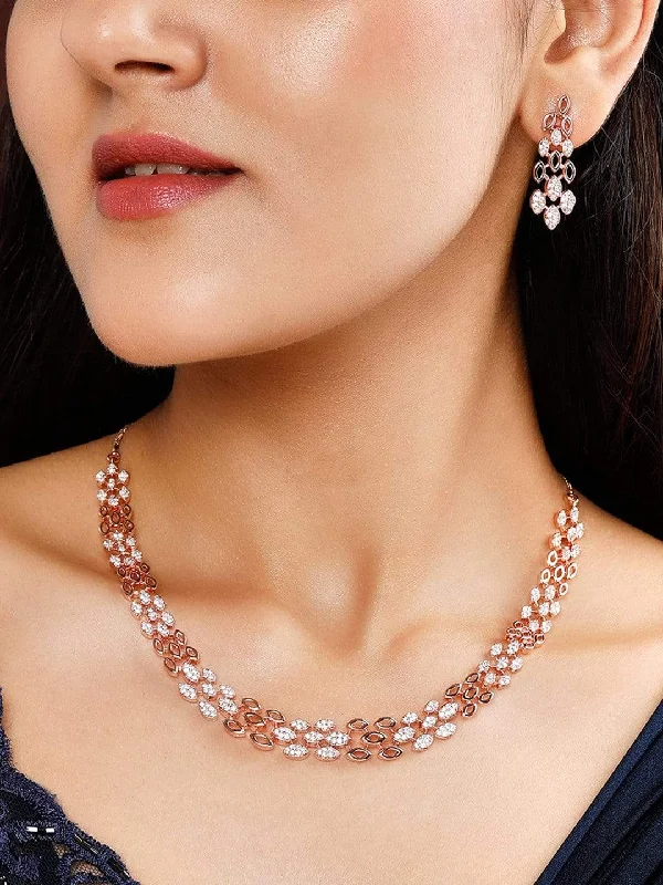 Celebrate Every Occasion With Sparkling Savings Rubans Rose Gold Plated Zirconia Stone Studded Handcrafted Necklace Set. Celebrate Every Occasion With Sparkling Savings Rubans Rose Gold Plated Zirconia Stone Studded Handcrafted Necklace Set.