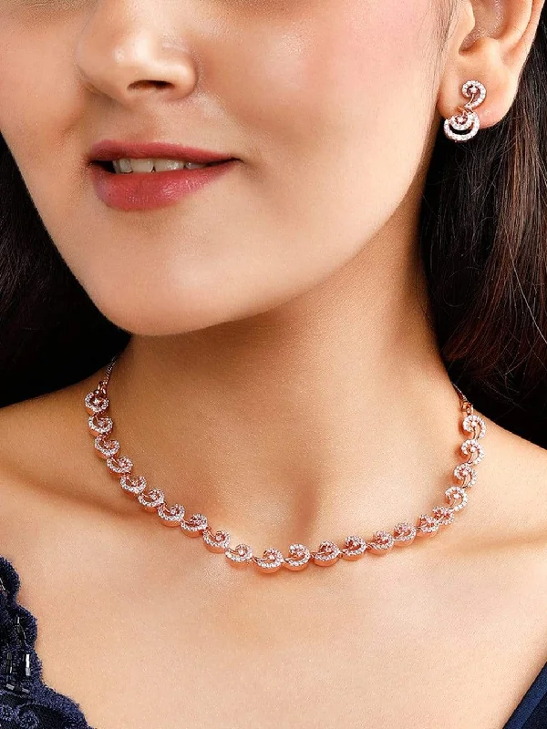 Elevate Your Outfit With Discounted Statement Jewelry Rubans Rose Gold Plated Zirconia Stone Studded Handcrafted Necklace Set. Elevate Your Outfit With Discounted Statement Jewelry Rubans Rose Gold Plated Zirconia Stone Studded Handcrafted Necklace Set.