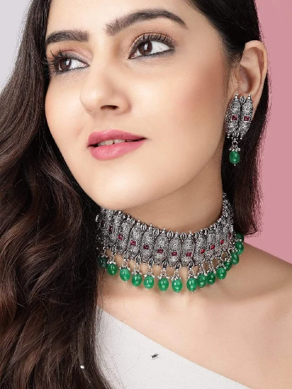 Luxury Meets Affordability – Jewelry Sale Now Live Rubans Silver Plated Handcrafted Green Beads Choker Set Luxury Meets Affordability – Jewelry Sale Now Live Rubans Silver Plated Handcrafted Green Beads Choker Set