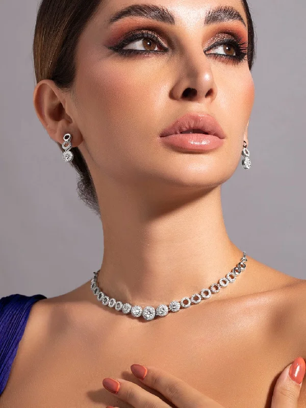 Affordable Glamour – Premium Jewelry At Special Prices Rubans Silver Plated Minimal and Elegant AD Necklace Set Affordable Glamour – Premium Jewelry At Special Prices Rubans Silver Plated Minimal and Elegant AD Necklace Set