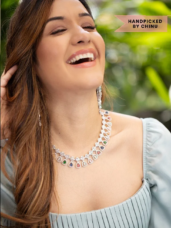 Upgrade Your Collection With Our Limited-Time Jewelry Sale Rubans Silver Plated Multicoloured Stone Studded American Diamond Necklace Set. Upgrade Your Collection With Our Limited-Time Jewelry Sale Rubans Silver Plated Multicoloured Stone Studded American Diamond Necklace Set.