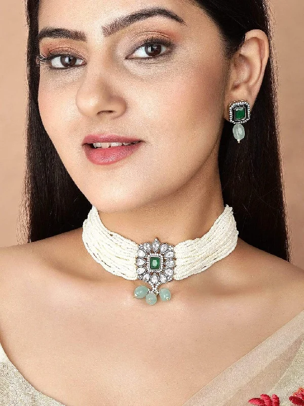 Eco-Friendly Sustainable Jewelry For Conscious Buyers Rubans Studded Green and White Beads Choker Set. Eco-Friendly Sustainable Jewelry For Conscious Buyers Rubans Studded Green and White Beads Choker Set.