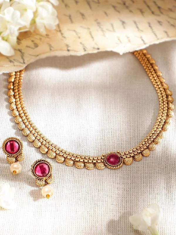 Trending Jewelry Now Available At Exclusive Prices Rubans Traditional Gold Plated Pink Stone Studded Necklace Set Trending Jewelry Now Available At Exclusive Prices Rubans Traditional Gold Plated Pink Stone Studded Necklace Set