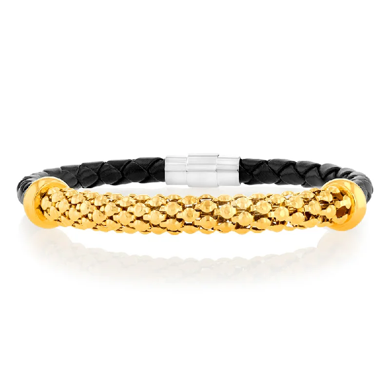 Personalized Jewelry At Special Discount Rates Stainless Steel Black Leather And Gold Plated 20.3cm Bracelet