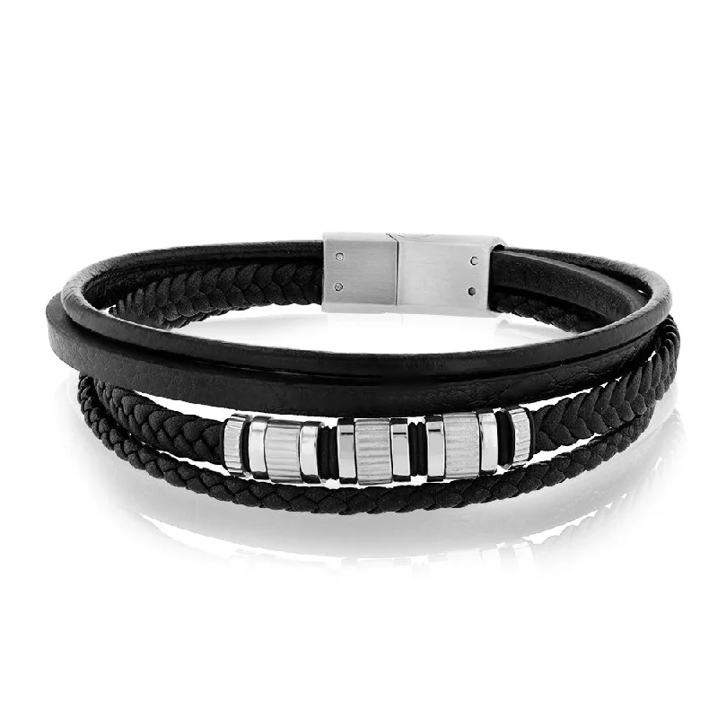 High-End Sparkle, Low-End Prices – Jewelry Sale Live Stainless Steel Black Leather Layered 21cm Bracelet