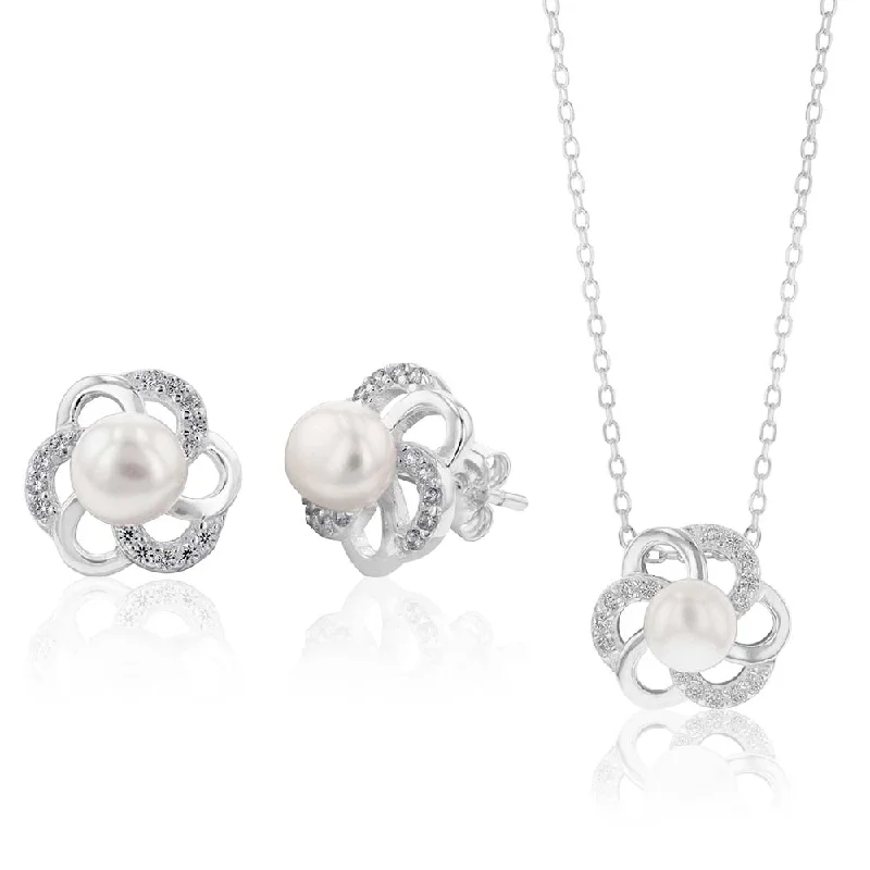 Elegant Designs, Unbeatable Discounts – Shop Jewelry Now Sterling Silver Boxed Freshwater Pearl and Zirconia Flower Set with 45cm Chain