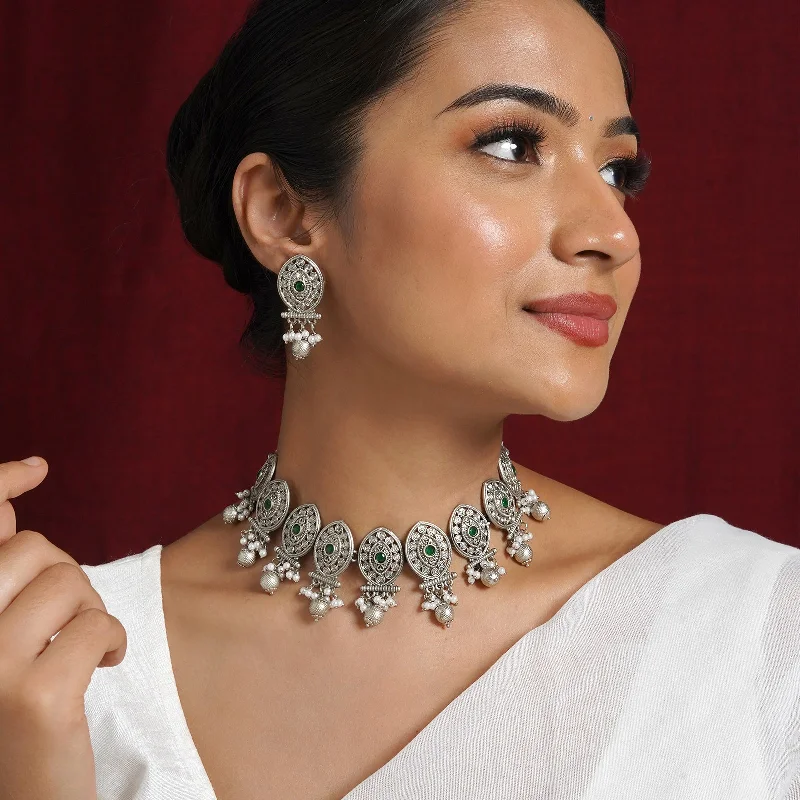 Shop Dazzling Jewelry At The Best Prices Teejh Pratima Silver Oxidised Green Necklace Set