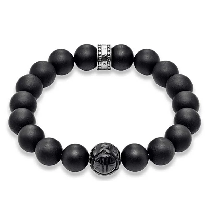 Premium Diamond Jewelry For Unforgettable Moments Thomas Sabo Sterling Silver Matt Obsidean Carved Bead 17.5cm Bracelet