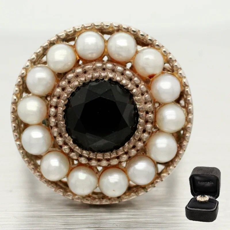 Must-Have Jewelry At Irresistible Discounts Tiffany & Co. Onyx & Pearl Halo Cocktail Ring - Ziegfield 925 Sterling Siver Must-Have Jewelry At Irresistible Discounts Tiffany & Co. Onyx & Pearl Halo Cocktail Ring - Ziegfield 925 Sterling Siver