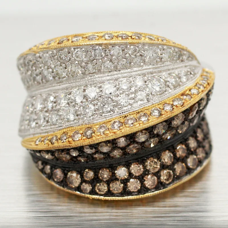 Modern Statement Jewelry For Bold Styling Two-Tone Chocolate & White Diamond Cocktail Ring - 18k Yellow/White Gold Band Modern Statement Jewelry For Bold Styling Two-Tone Chocolate & White Diamond Cocktail Ring - 18k Yellow/White Gold Band
