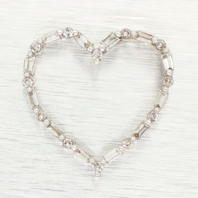 Fashion-Forward Geometric Jewelry For Contemporary Style Vintage Diamond Open Heart Pendant - Round & Baguette Cuts in 14k White Gold Fashion-Forward Geometric Jewelry For Contemporary Style Vintage Diamond Open Heart Pendant - Round & Baguette Cuts in 14k White Gold